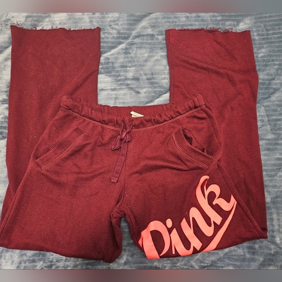 Pink Maroon Sweatpants With Pink Logo Raw Hem And Pockets! - Picture 2 of 7